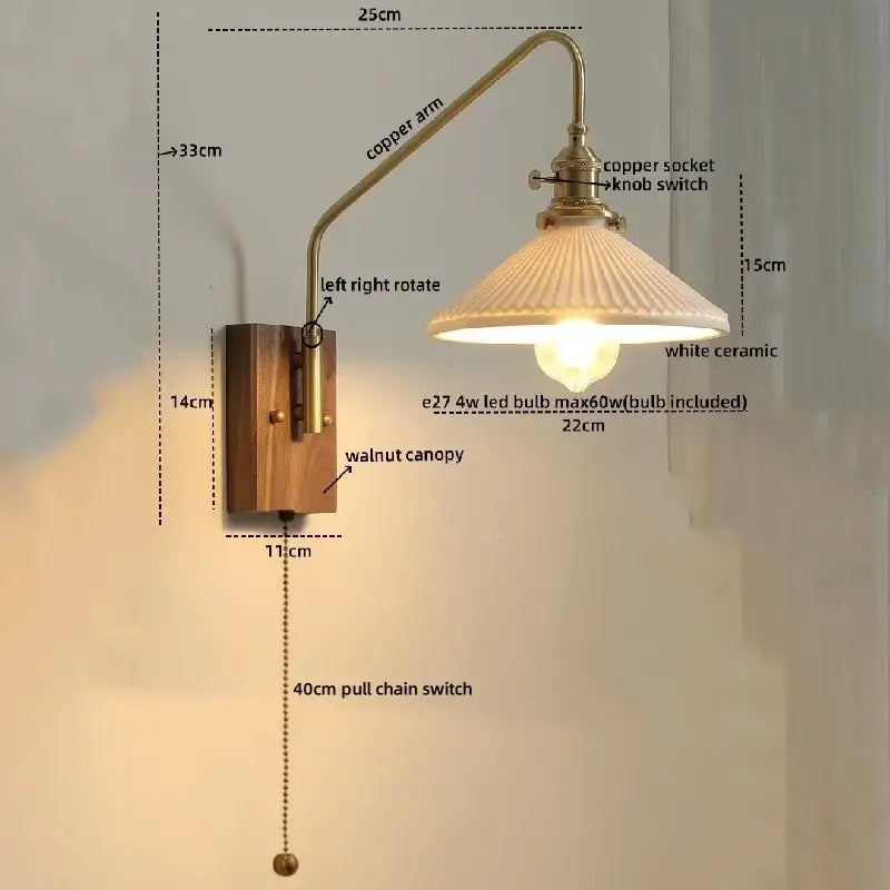 Vintage-style wall sconce with glass copper led, brass copper arm, white ceramic shade, and walnut wood canopy for bedroom use