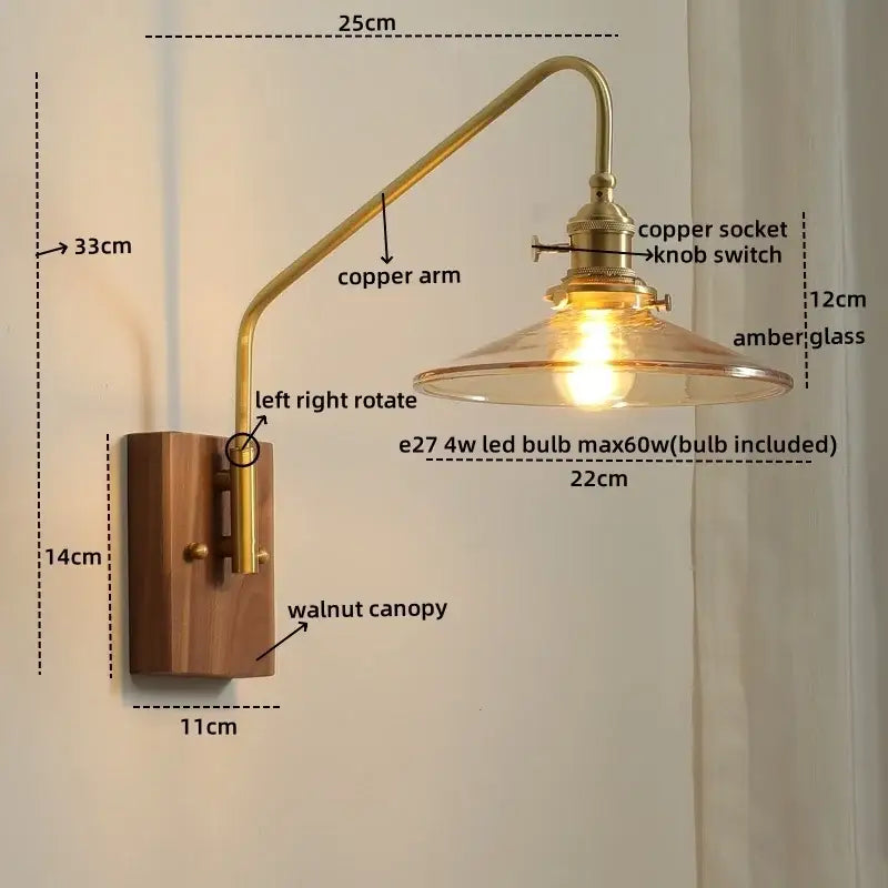 Modern wood and copper led wall sconce with amber glass copper led shade and walnut canopy for bedroom or stair lighting