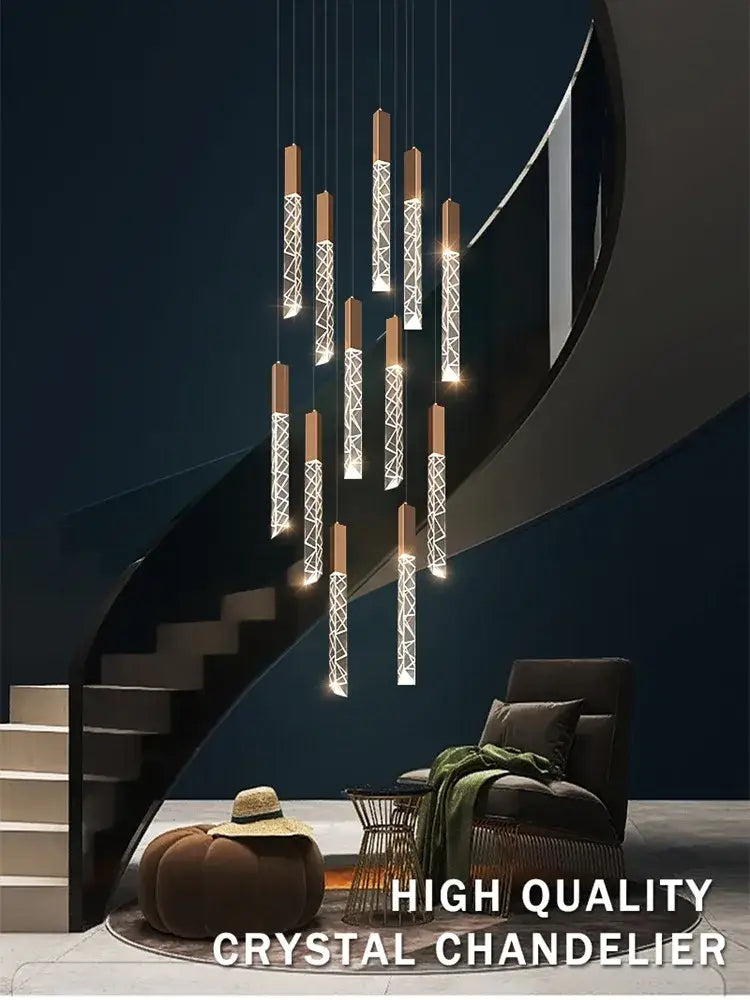 Modern wood and crystal column led chandelier with geometric lattice design and warm-toned wooden accents for staircase decorbites crystal column