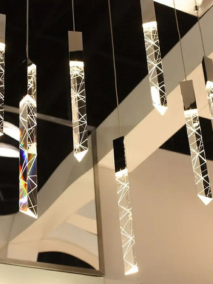 Modern wood and crystal column led chandelier staircase light with geometric crystal column led pendant lights