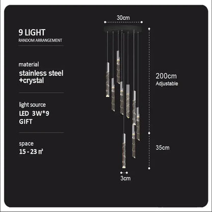 Modern wood and crystal column led chandelier with nine lights stainless steel design and adjustable height for versatile stair decorbites crystal column