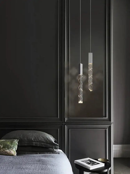 Two modern wood and crystal column led chandelier pendant lights with clear glass and intricate wirework for decorbites crystal column staircases