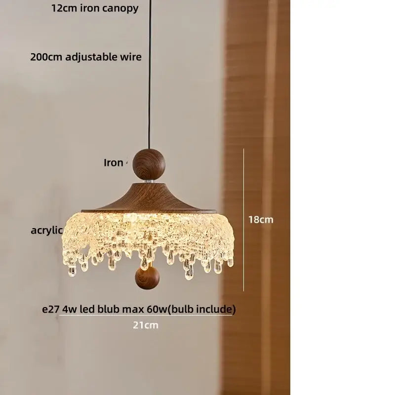 Warm-toned modern wood and crystal iceberg acrylic pendant light with wooden iron canopy and spherical wood accents for dining room decorbites iceberg acrylic
