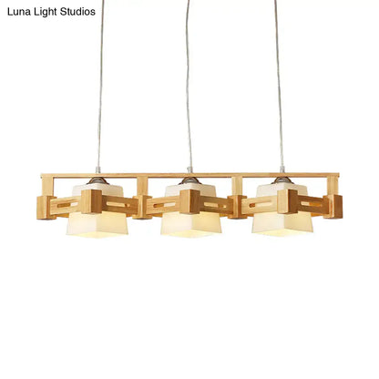 Decorbites modern cubic wooden pendant lamp with three beige milk frosted glass shades for island lighting