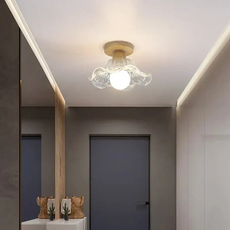 Modern wood and glass led ceiling lamp with clear flower-shaped glass and wooden base for bedroom decorbites ceiling lamp