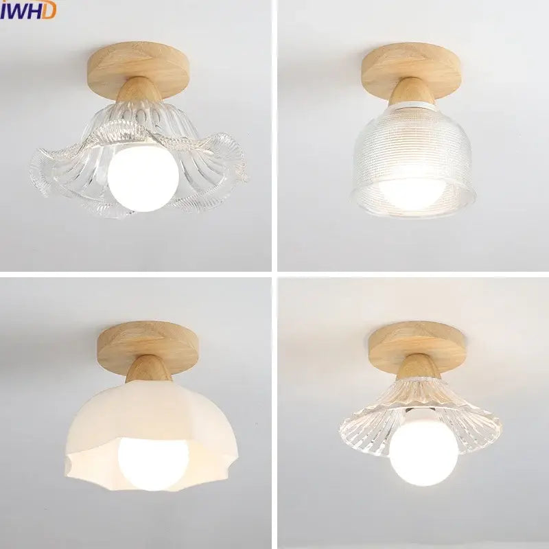 Modern wood and glass led ceiling lamp with clear and frosted shades and natural wood bases for bedroom decorbites ceiling lamp