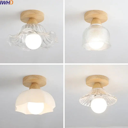 Modern wood and glass led ceiling lamp with clear and frosted shades and natural wood bases for bedroom decorbites ceiling lamp