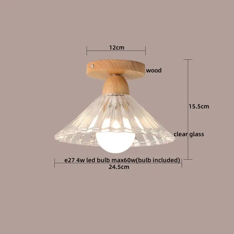 Modern wood and glass led ceiling lamp with natural wood base and clear faceted shade for bedroom decorbites led ceiling