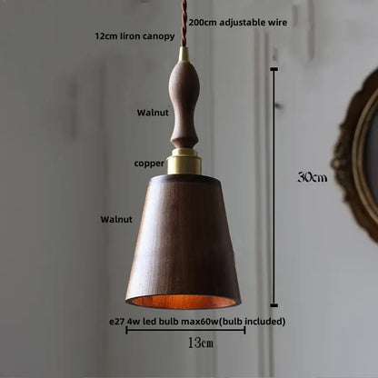 Modern wood and green led glass pendant lamp with dark walnut shade brass copper ring and iron canopy for dining room