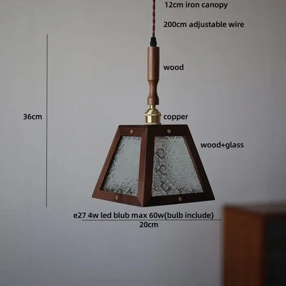Modern wood and green led glass pendant lamp with textured glass panels and copper accent for dining room lighting