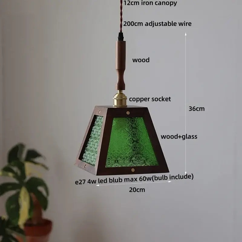 Modern wood and green led glass pendant lamp with dark wood frame and textured glass for dining room lighting