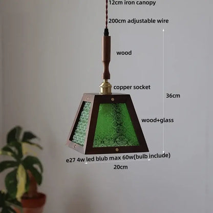 Modern wood and green led glass pendant lamp with dark wood frame and textured glass for dining room lighting