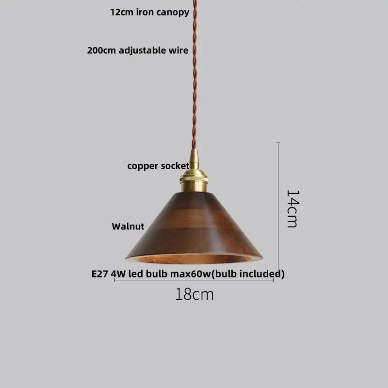 Modern wood and green led glass pendant lamp with walnut finish brass copper socket and adjustable braided suspension for dining room