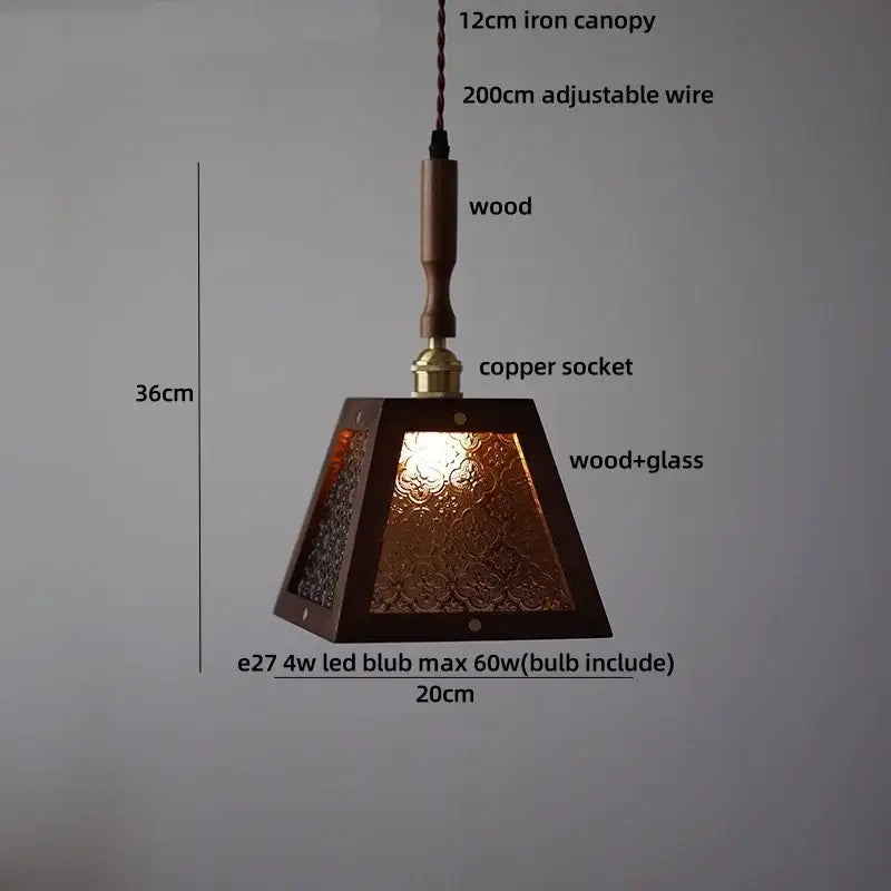 Modern wood and green led glass pendant lamp with warm amber textured panels for dining room lighting