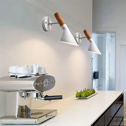 Modern wood and metal wall sconce with white conical shade and wooden accents for bedroom aisle decorbites led wood wall light