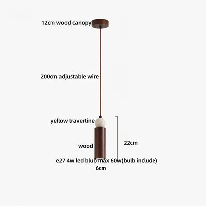 Modern wood and travertine iron led pendant light with yellow travertine body and dark wood canopy for living room decorbites iron led