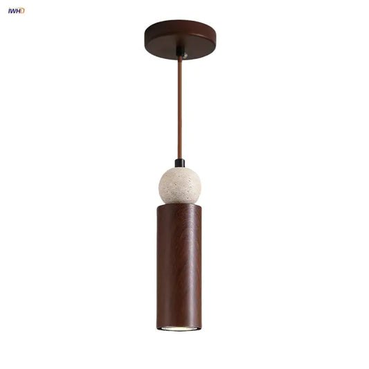 Modern wood and travertine iron led pendant light with dark brown wooden shade and off-white accent for living room decorbites iron led