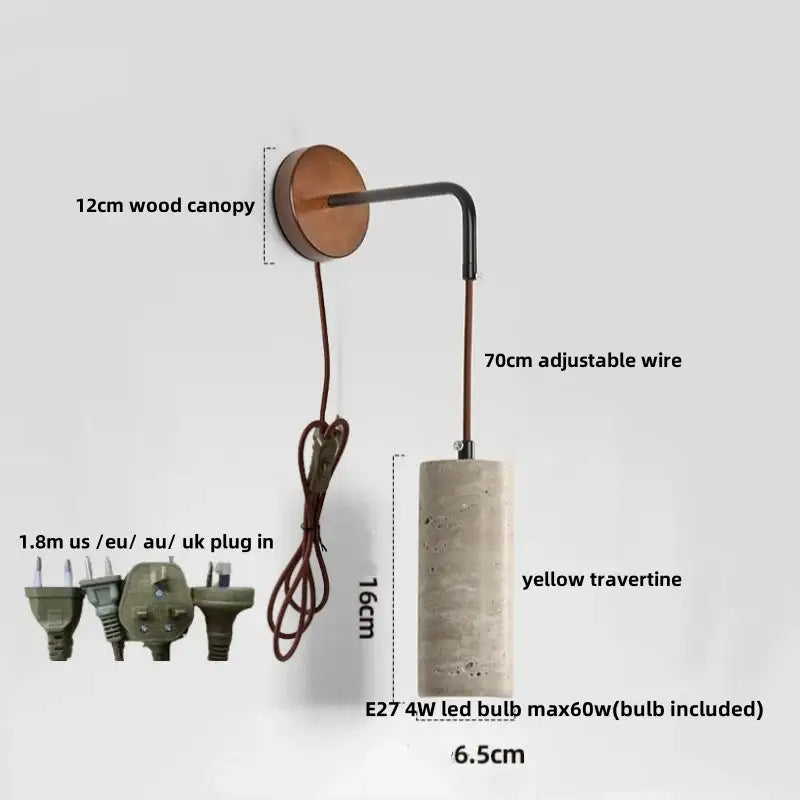 Modern wood and travertine led wall lamp with wooden canopy, adjustable copper arm, and yellow cylindrical shade