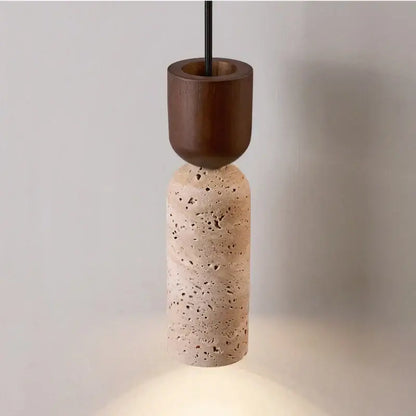 Modern wood and travertine led wall lamp with dark wood top and textured beige concrete body for bedroom use