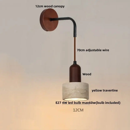 Rustic modern wood and travertine led wall lamp with 12cm wood canopy, adjustable black arm, and yellow stone shade