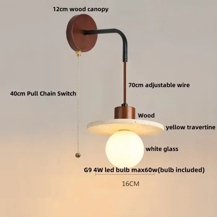 Modern wood and travertine led wall lamp with 12cm wood canopy yellow travertine shade and white glass bulb for bedroom