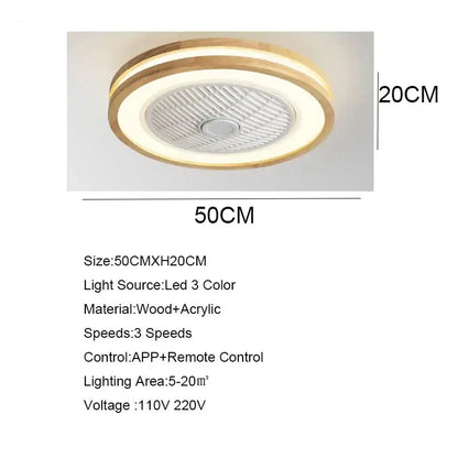 Modern wood and white led ceiling fan with remote control featuring a circular light wood frame and integrated led light