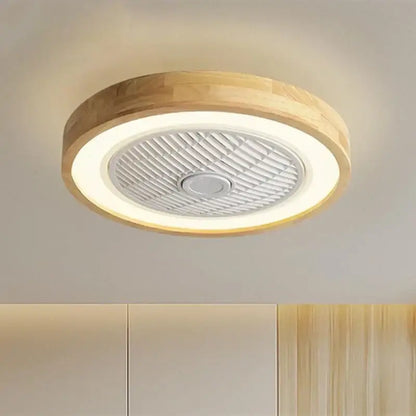 Modern wood and white led ceiling fan with remote control featuring circular natural wood finish and white grille light