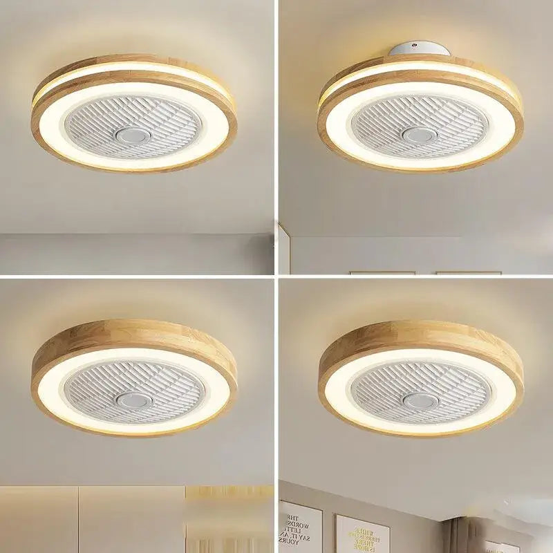 Modern wood and white led ceiling fan with remote control features a natural wood frame and integrated led light ring