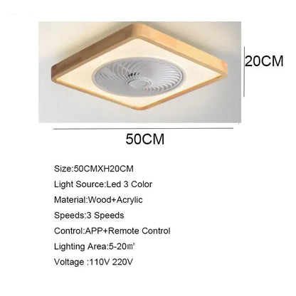 Modern wood and white ceiling fan with square wooden frame, integrated led light, acrylic center, and remote control for bedroom