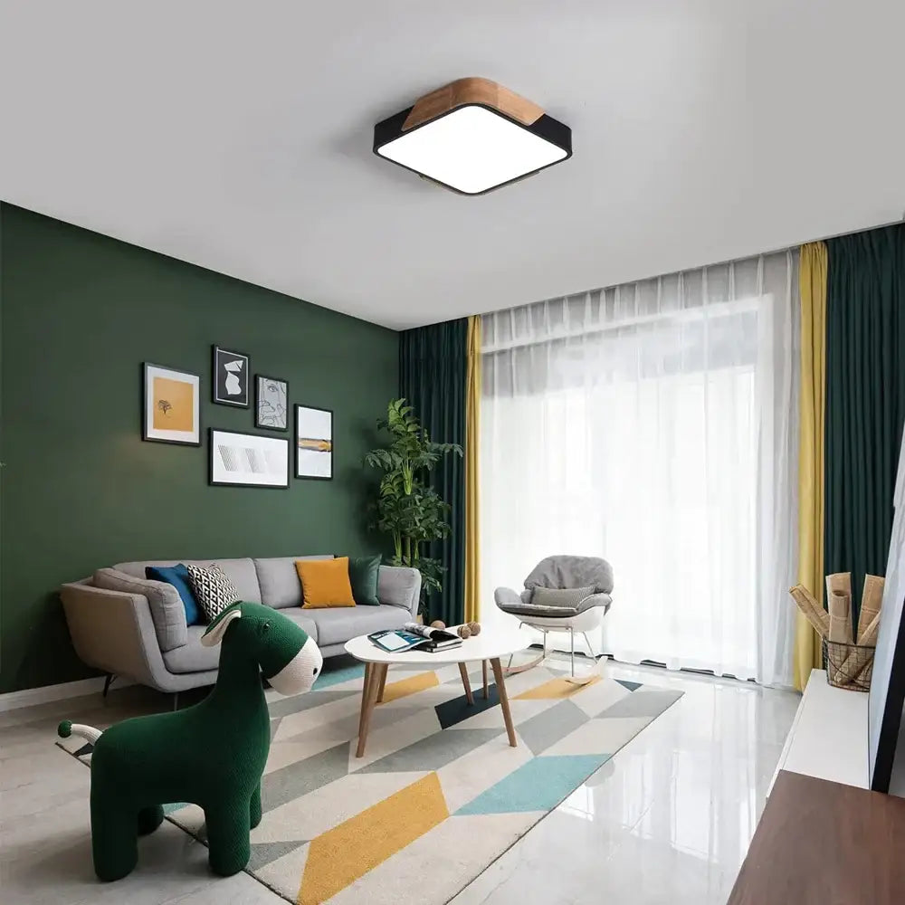 Modern wood and white led ceiling light with black frame and wooden top for bedroom decorbites led ceiling decor
