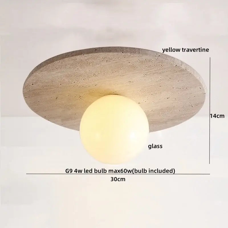Modern wood base led ceiling light with circular yellow travertine stone base and central glass globe for bedroom decorbites ceiling light