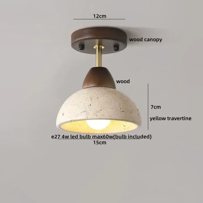 Modern wood base led ceiling light with a dark wood canopy and textured yellow travertine shade for bedroom decorbites ceiling light
