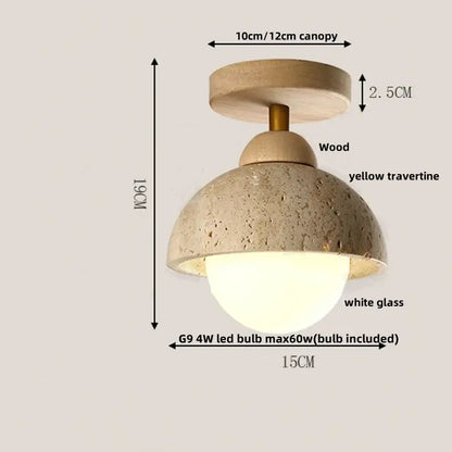 Rustic-style ceiling light with wood base, yellow travertine dome, and white glass shade for decorbites led ceiling use