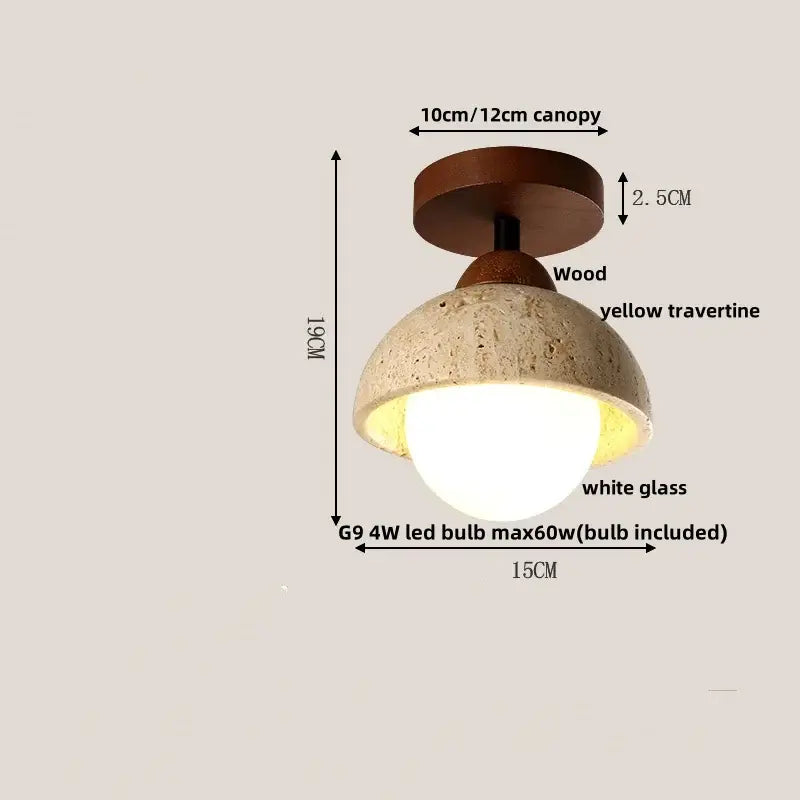 Modern wood base led ceiling light with rustic dark wood canopy yellow travertine shade and white glass globe decorbites ceiling light
