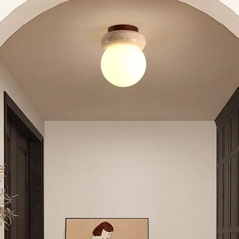 Modern wood base led ceiling light with a warm spherical glass globe and matte brown metal base for bedroom decorbites ceiling light