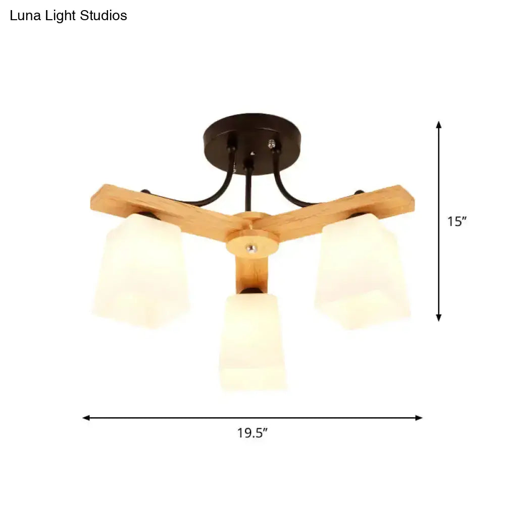 Modern wood and black semi flush mount living room light with rustic wood base and frosted milk glass shade