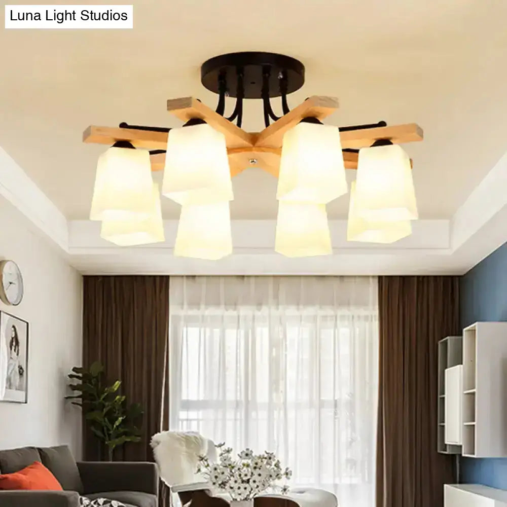 Modern wood and black semi flush mount chandelier with six warm milk glass shades for living room lighting