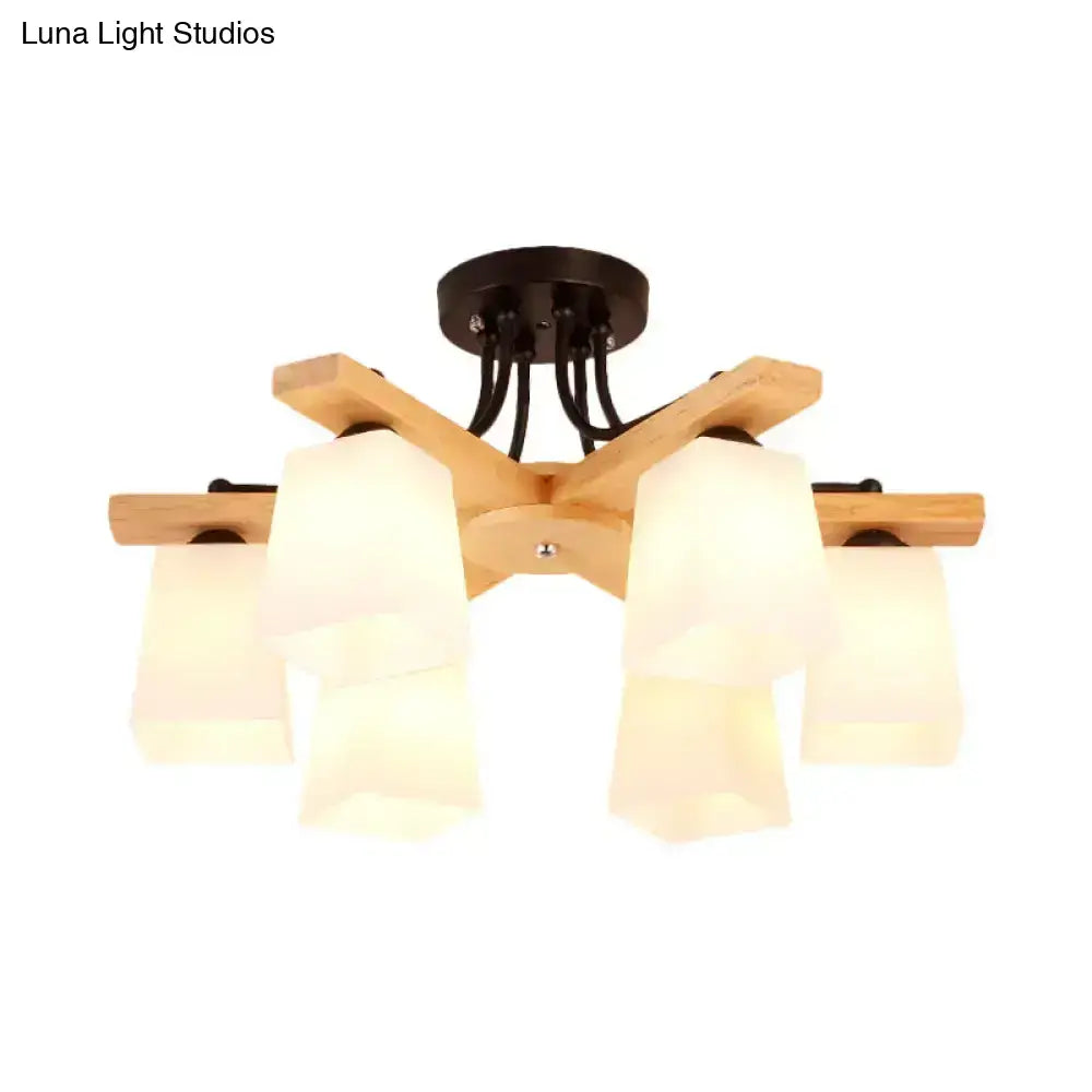 Modern wood and black semi flush mount living room light with five frosted milk glass shades and dark metal mount