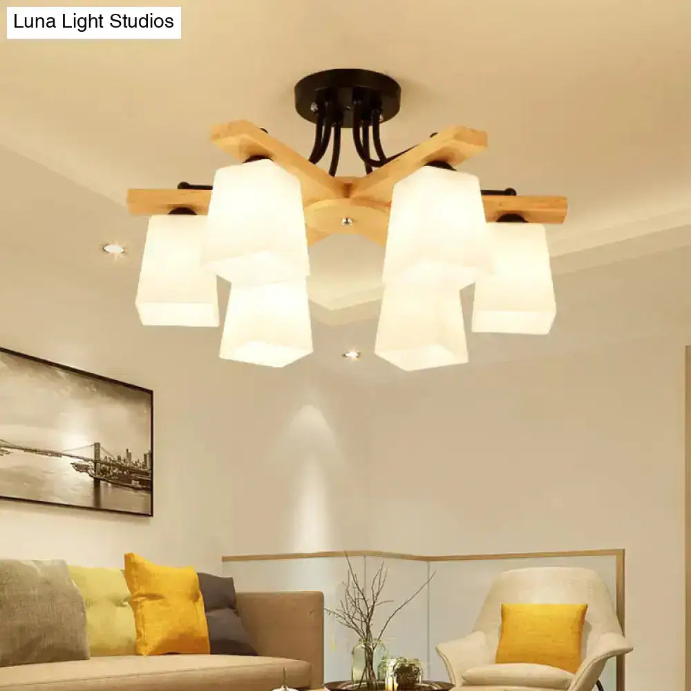 Modern wooden semi flush mount chandelier with six milk glass shades and black metal base for living room lighting