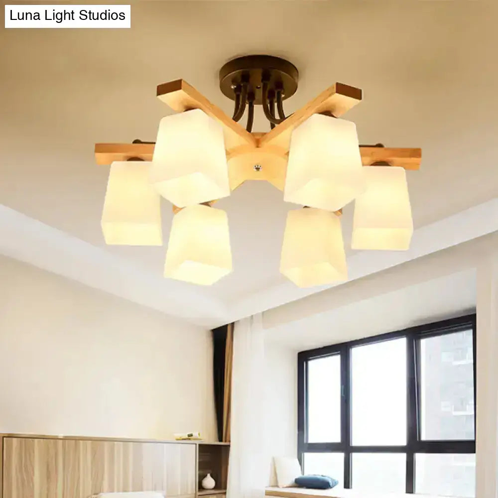Modern wooden semi flush mount chandelier with six milk glass shades and dark metal fixture for living room lighting