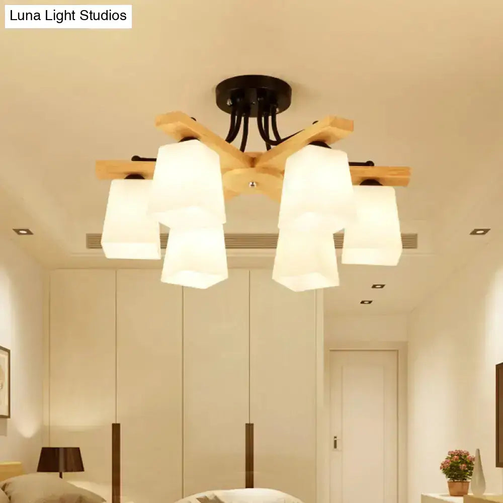 Modern wood and black semi flush mount chandelier with five milk glass shades and black metal ceiling mount