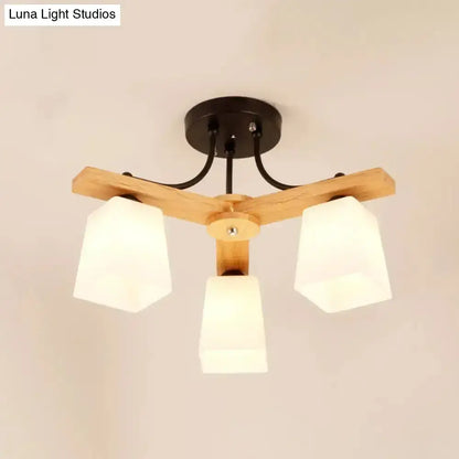 Modern wood and black metal semi flush mount ceiling light with three frosted milk glass shades for living room use