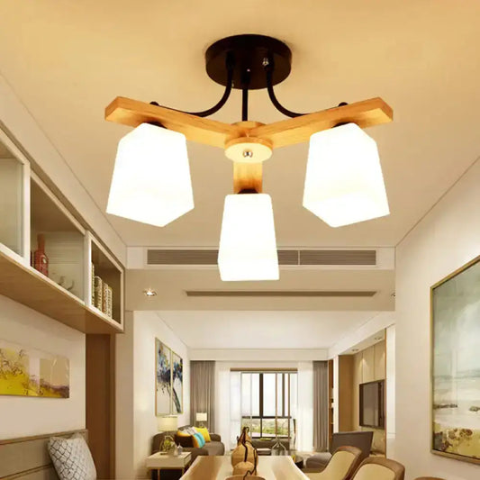Modern wood and black semi flush mount chandelier with three white milk glass shades for living room lighting