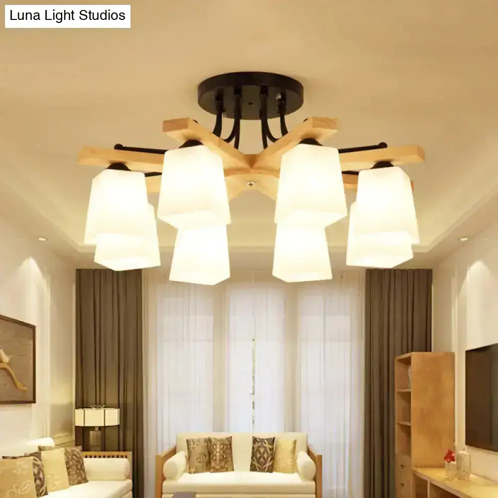 Modern wood and black semi flush mount chandelier with six milk glass shades for living room lighting
