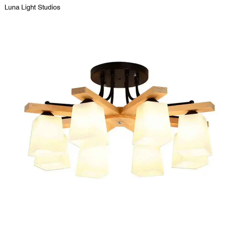 Modern wood and black semi flush mount chandelier with five milk glass shades for living room lighting