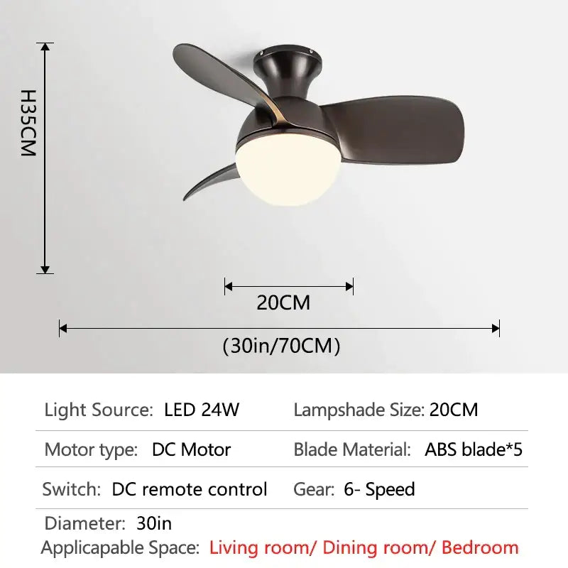 Dark bronze finished ceiling fan light with three sleek ABS blades and a frosted glass lampshade for bedroom use