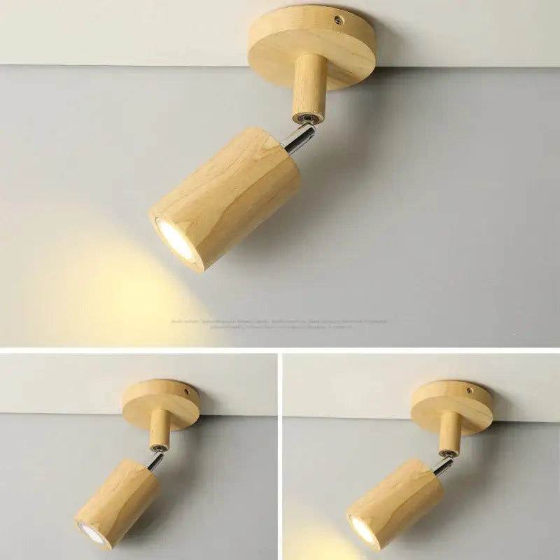 Modern wood ceiling light with two beige spotlight heads featuring natural wood finish and chrome accents for living room