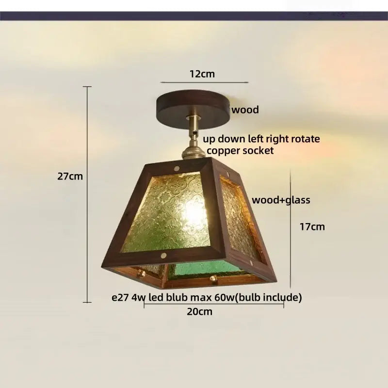 Modern wood copper ceiling light with dark wood frame and green glass panels ideal for bedroom decorbites cube wood