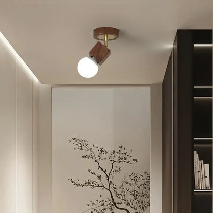 Modern ceiling light with warm wood finish and brass accents featuring adjustable white globe bulb decorbites cube wood copper