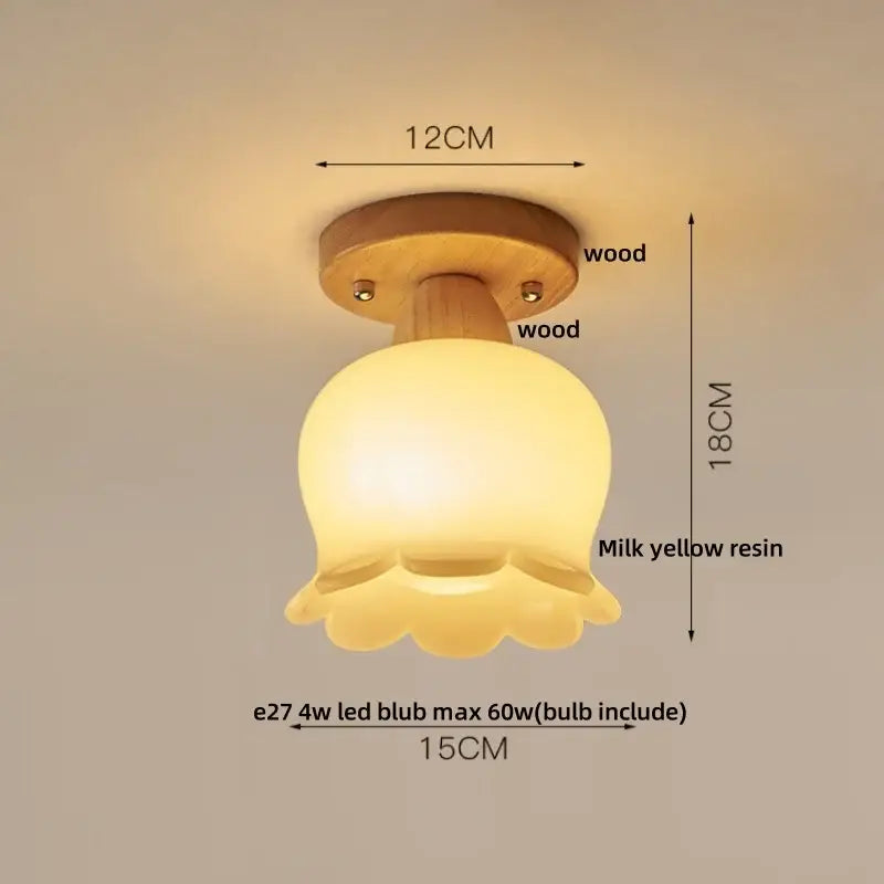 Modern wood and copper led ceiling light with warm milk yellow resin flower lampshade and wooden base cube wood copper